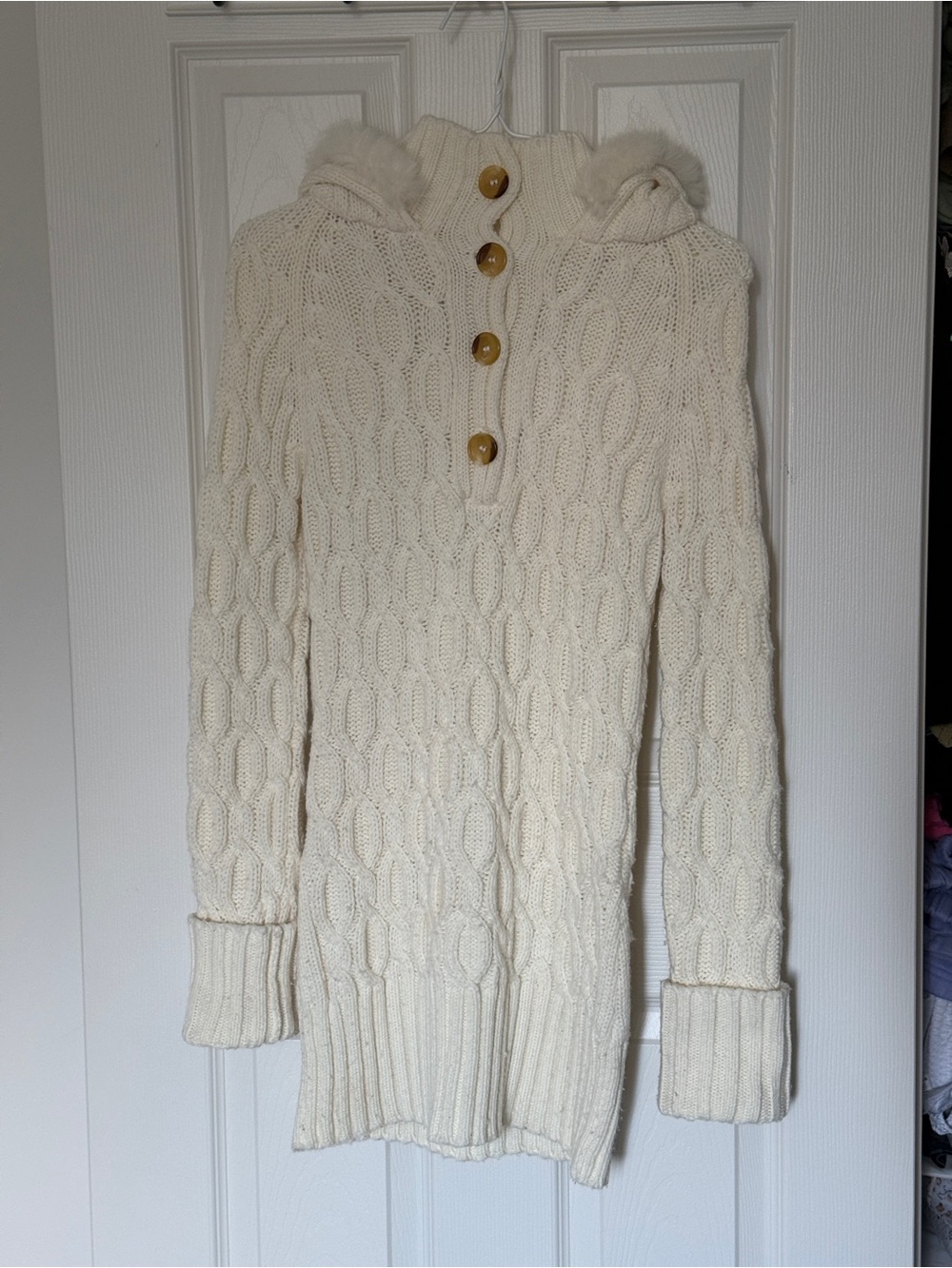 Faux-Fur Trim Cable Knit Turtleneck Sweater - Cream